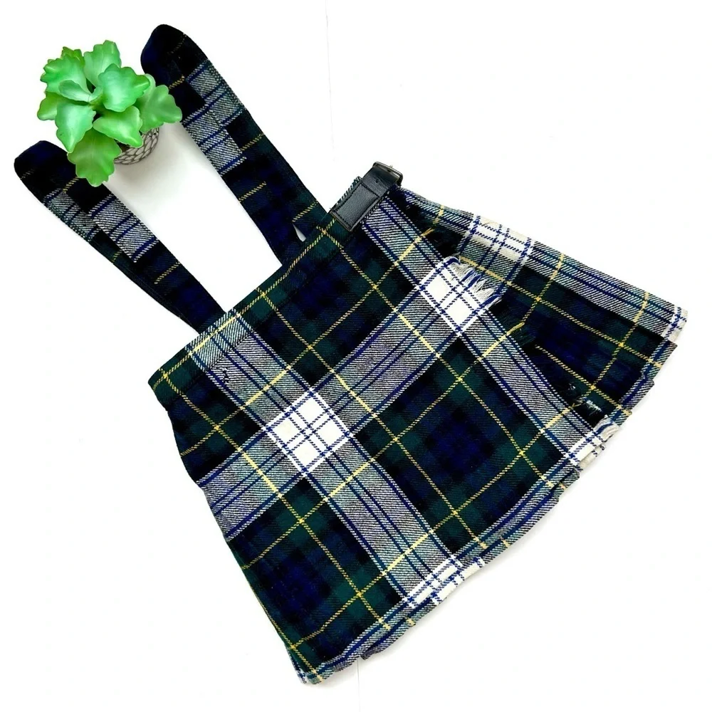 Vintage Plaid Scottish Kilt Wrap Skirt Suspenders Tartan Green Pleated Size 2